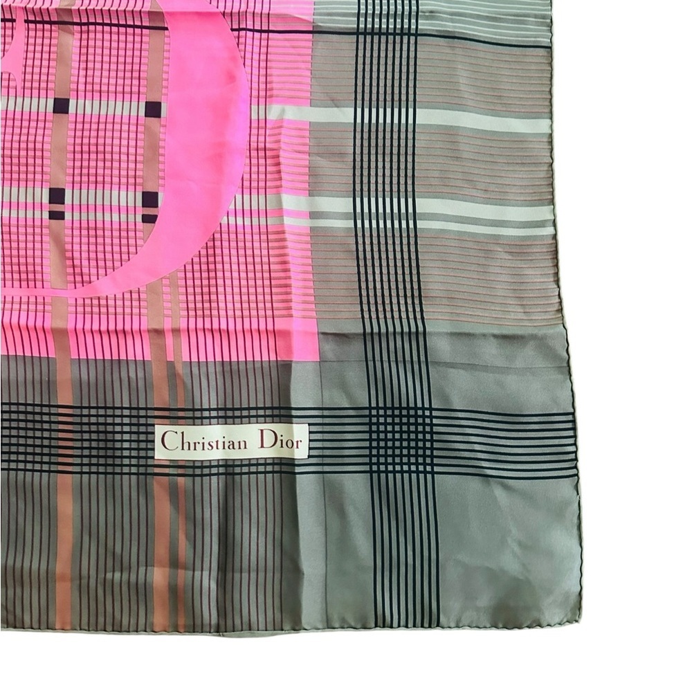 Christian Dior Classic Pink Gray CD Logo Plaid Vintage 30” Silk Square Scarf - Picture 6 of 10